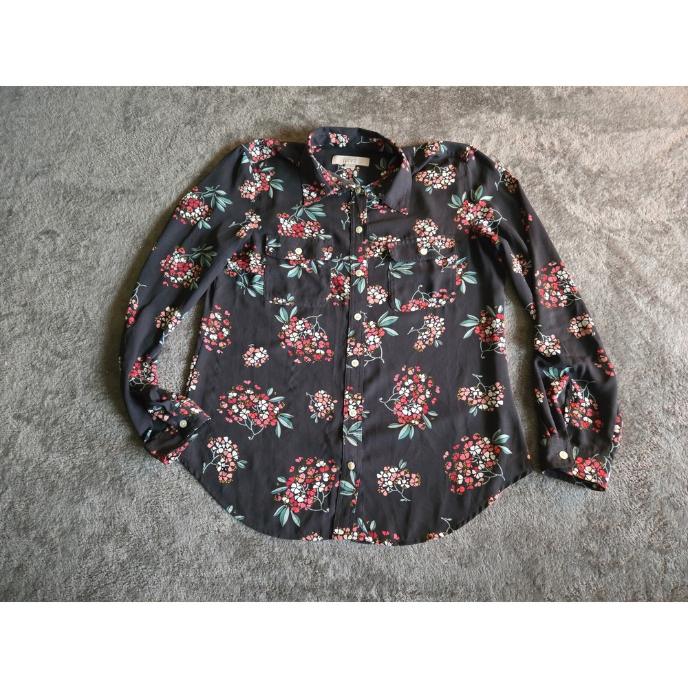 LOFT Floral Button Down Shirt Womens Medium Black Pink Excellent Long Sleeve
